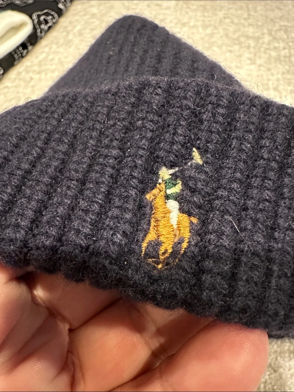 Ralph Lauren Navy Ribbed Knit Beanie with Polo Player Embroidery - Picture 2 of 3